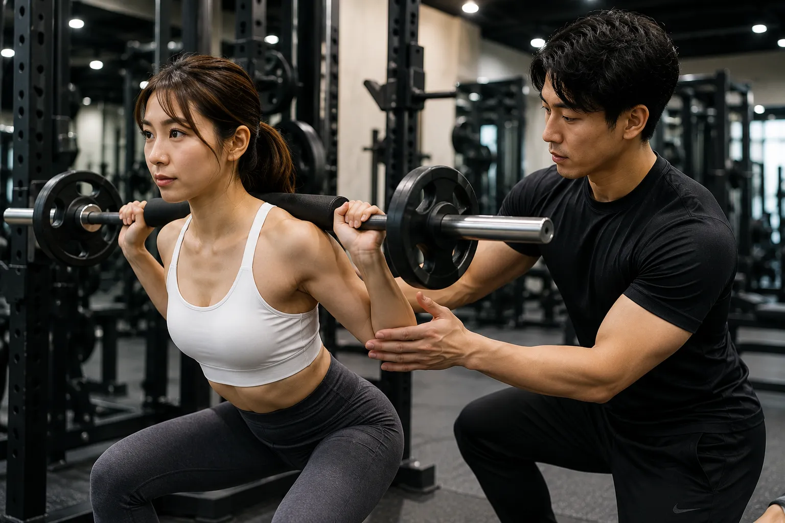 トレーナーがスクワットのフォームを補助している様子
